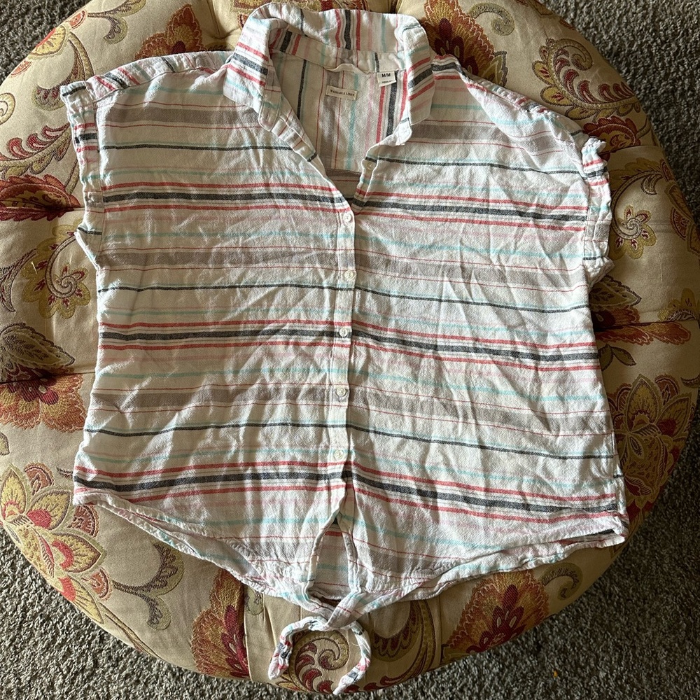 Women’s Size M Weatherproof Vintage Washable Linen Button Up Stripes BlouseShirt